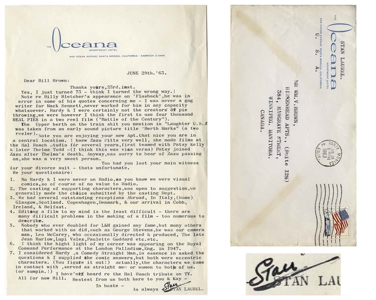 Stan Laurel Letter Signed With Lots of Laurel & Hardy Content: ''...Hardy, a Comedy Straight Man...asked the questions & I supplied the comic answers, but both were eccentric characters...''